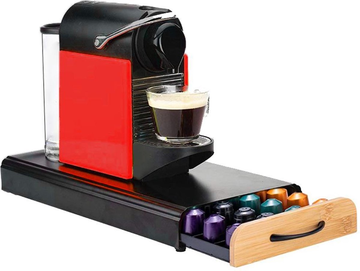 Luxe Capsule Houder met Lade - Espresso Koffie Pad en Cups Houder - 40 Capsules - RVS - Zwart Met Bamboe