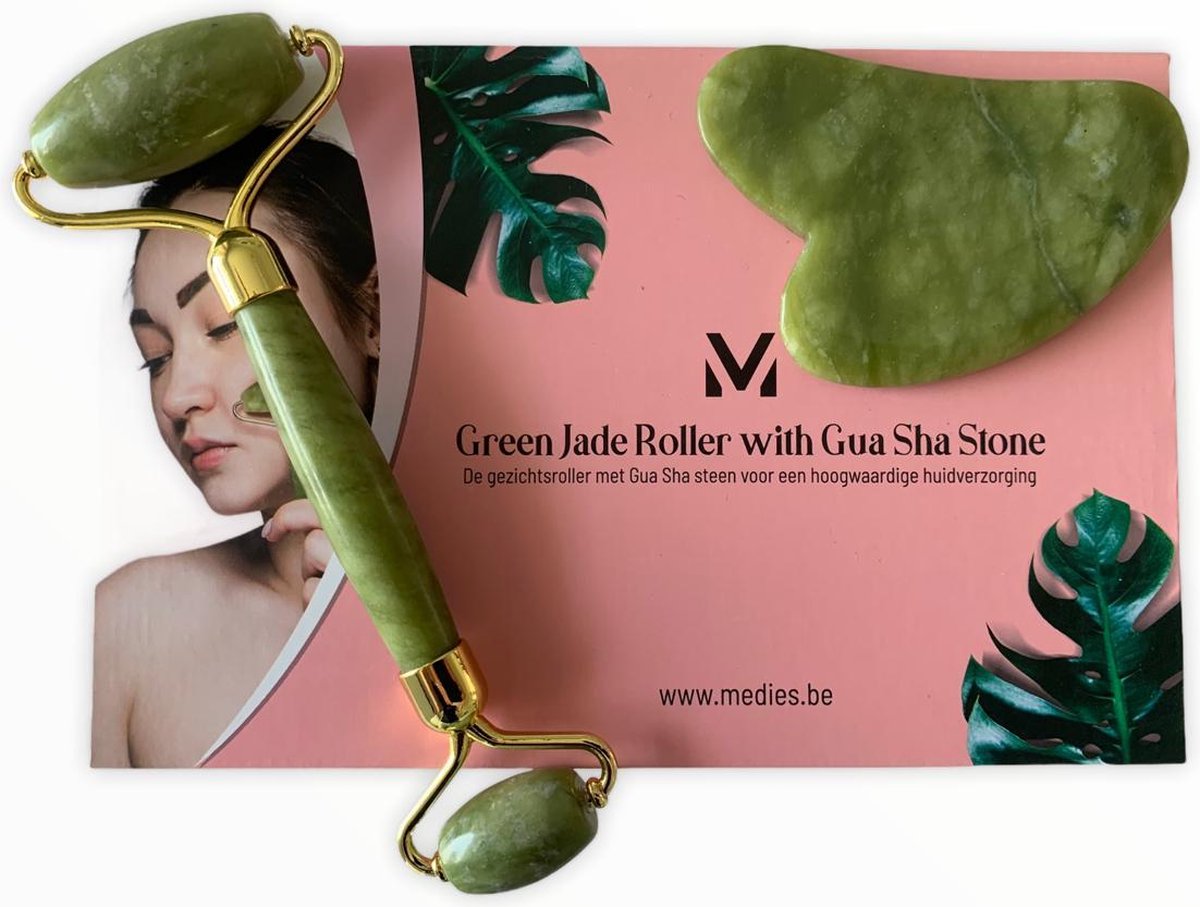 Medisp - professionele gezichtsroller met gua sha schraper | luxe set jade roller met gua sha stone| jaderoller | gezichtsroller jade | jade roller | jade roller set | face roller | gua sha shraper - luxe doos met magnetische sluiting en certificaat