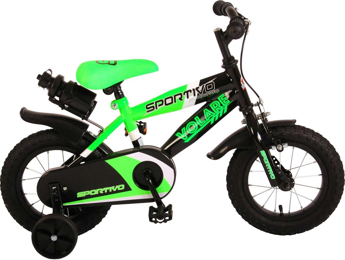 Volare Sportivo Kinderfiets - Jongens - 12 inch - Neon Groen Zwart - 95% afgemonteerd