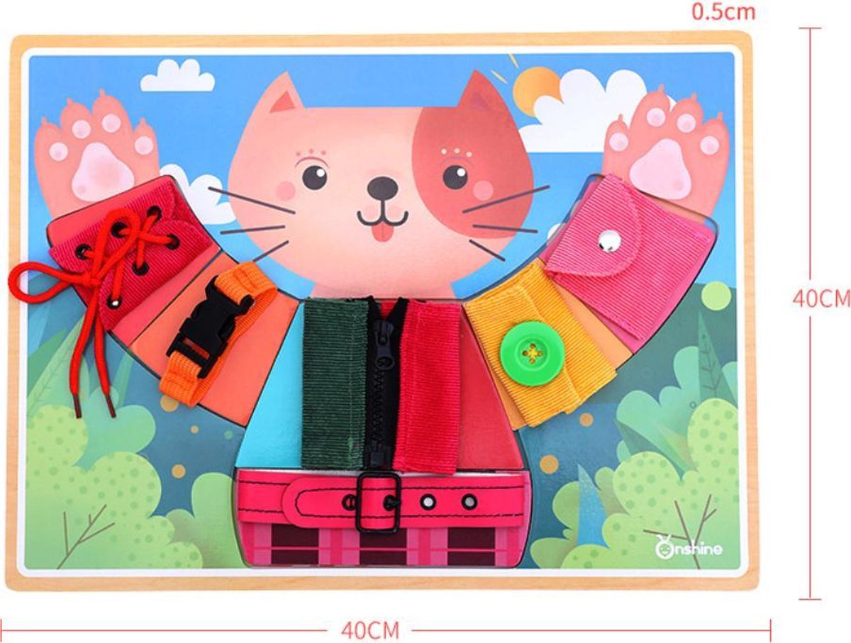 Onshine Kitty Basisvaardigheidsbord - Busy Board - Montessori-speelgoed - Leerspeelgoed - Motoriek en zelfkleden - Babymotoriekspeelgoed vanaf 2 jaar / Activiteitenbord voor kleuter / Montessori Activiteit Board / Houten Veterstrikschoen