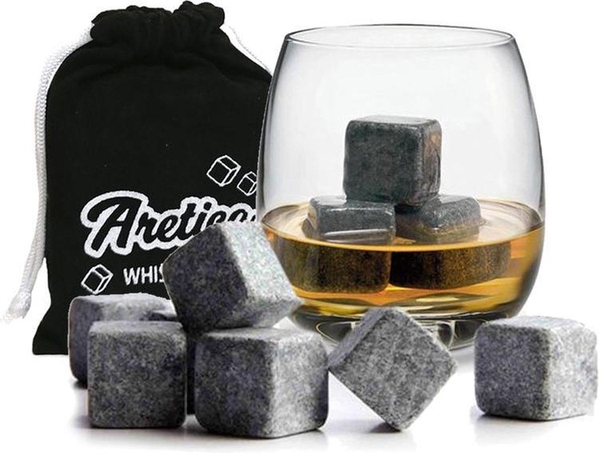 Aretica Whiskey Stenen Stones - Voor een echte whiskey on the rocks - Natuurstenen - Herbruikbare  ijsblokjes - Ice cubes - Ijsklontjes van steen - Set van 9 stuks