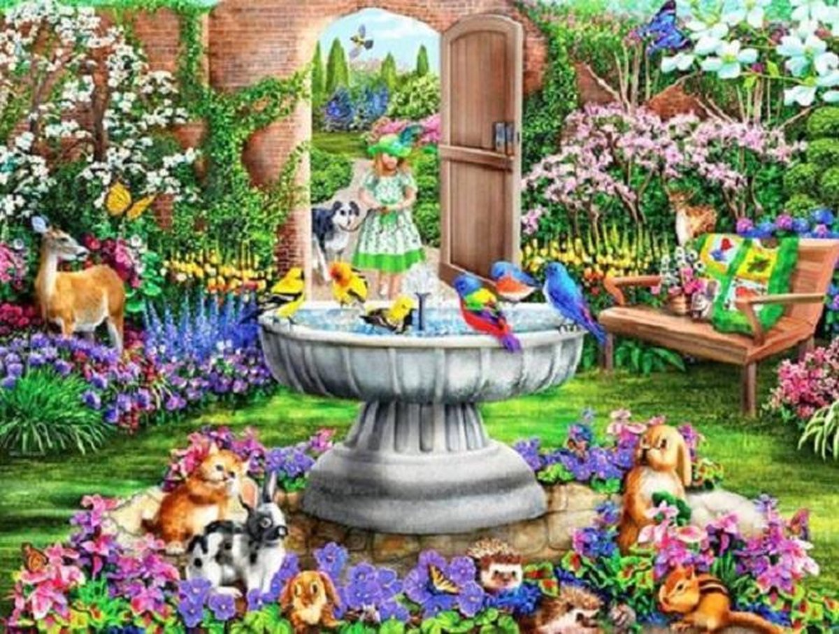 Bloemenfontijn met Bosdiertjes - Diamond Painting - 15x20cm - Complete Set - Ronde Steentjes - Inclusief Tools