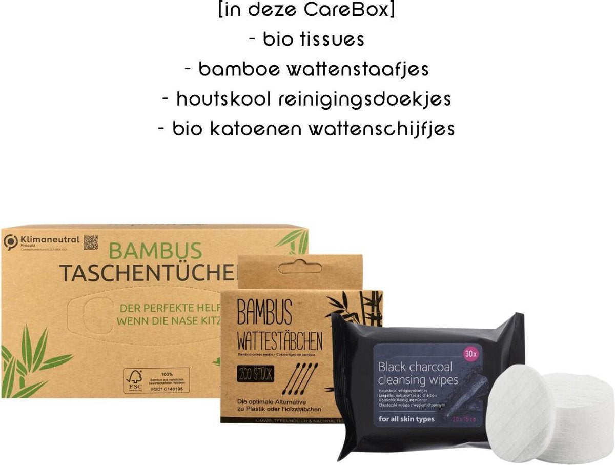 Houtskool Bamboe Verzorgingspakket Gezicht | Tissues | Reinigingsdoekjes | Wattenschijfjes | Wattenstaafjes | Duurzaam | Zero Waste | Milieuvriendelijk