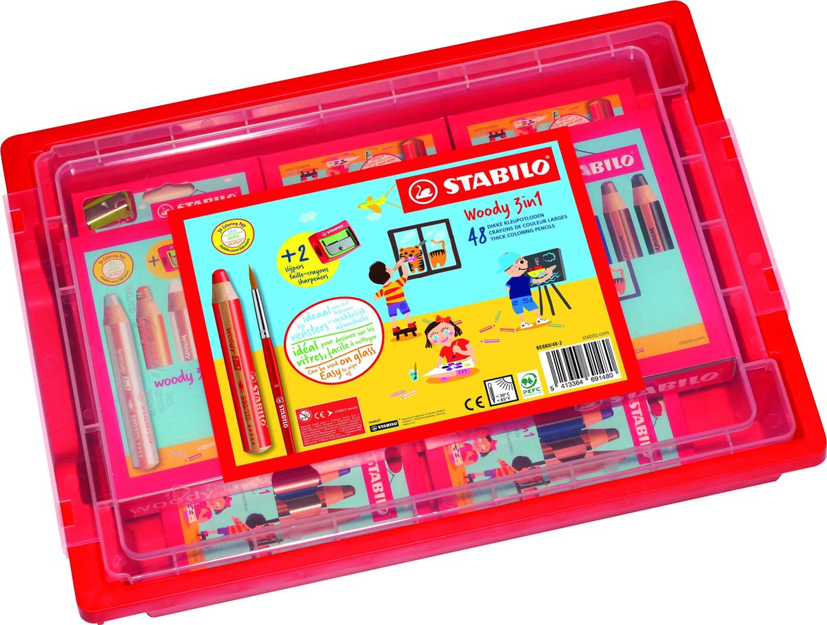 NIEUW - Kleurpotloden STABILO woody 3 in 1 - Klasdoos 48 stuks + 2 slijpers