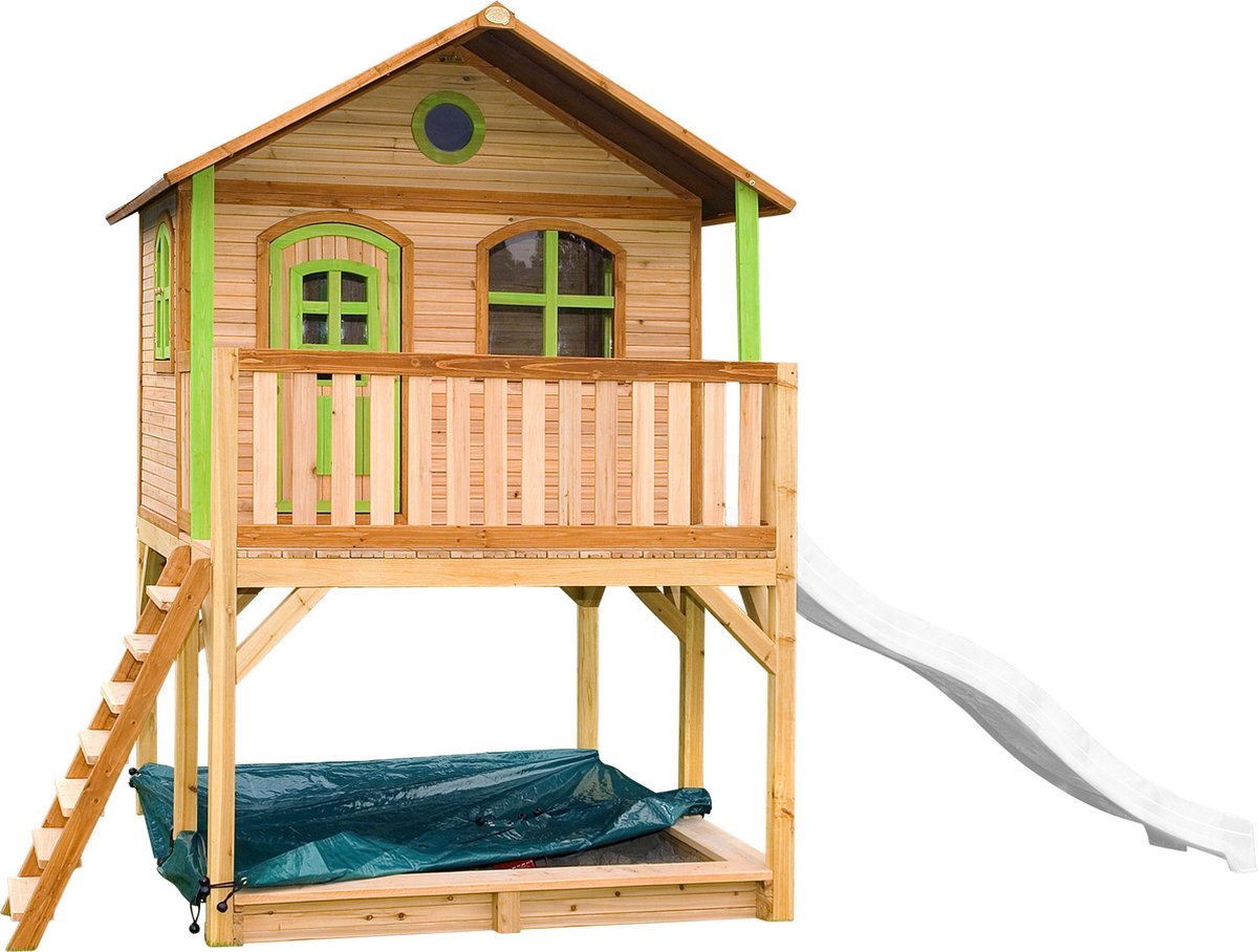 AXI Marc Speelhuis Bruin/groen - FSC - Platform 118 cm - Zandbak incl. hoes - Witte glijbaan