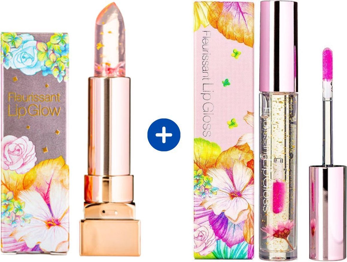 Glamfox Fleurissant Peach Flower Lipstick + Lipgloss Set - Lip Plumper Met 24 Karaat Goudschilfers en Echte Bloem