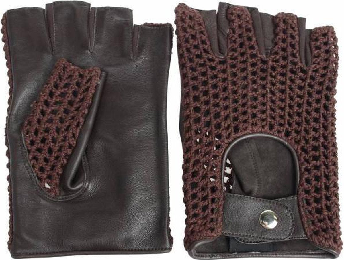 vintage vingerloze crochet leren handschoenen zwart-bruin | maat XL