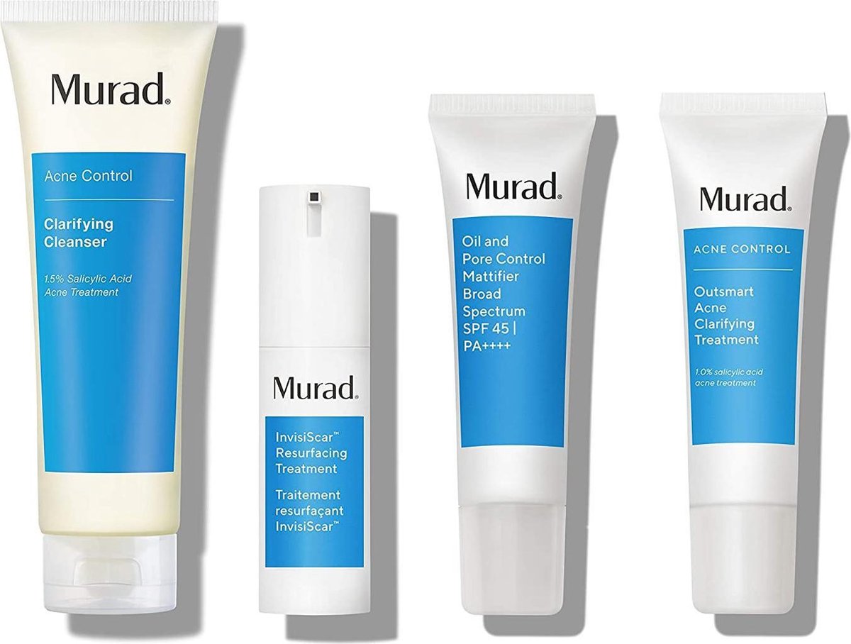 Murad Invisiscar Kit FULL SIZE- Acne behandeling set - Clarifying Cleanser 200ml - Invisiscar Resurfacing Treatment 30ml - Oil and Pore Control Mattifier SPF 45 50ml - Acne Clarifying Treatment 50ml - Met een luxe cadeauverpakking!
