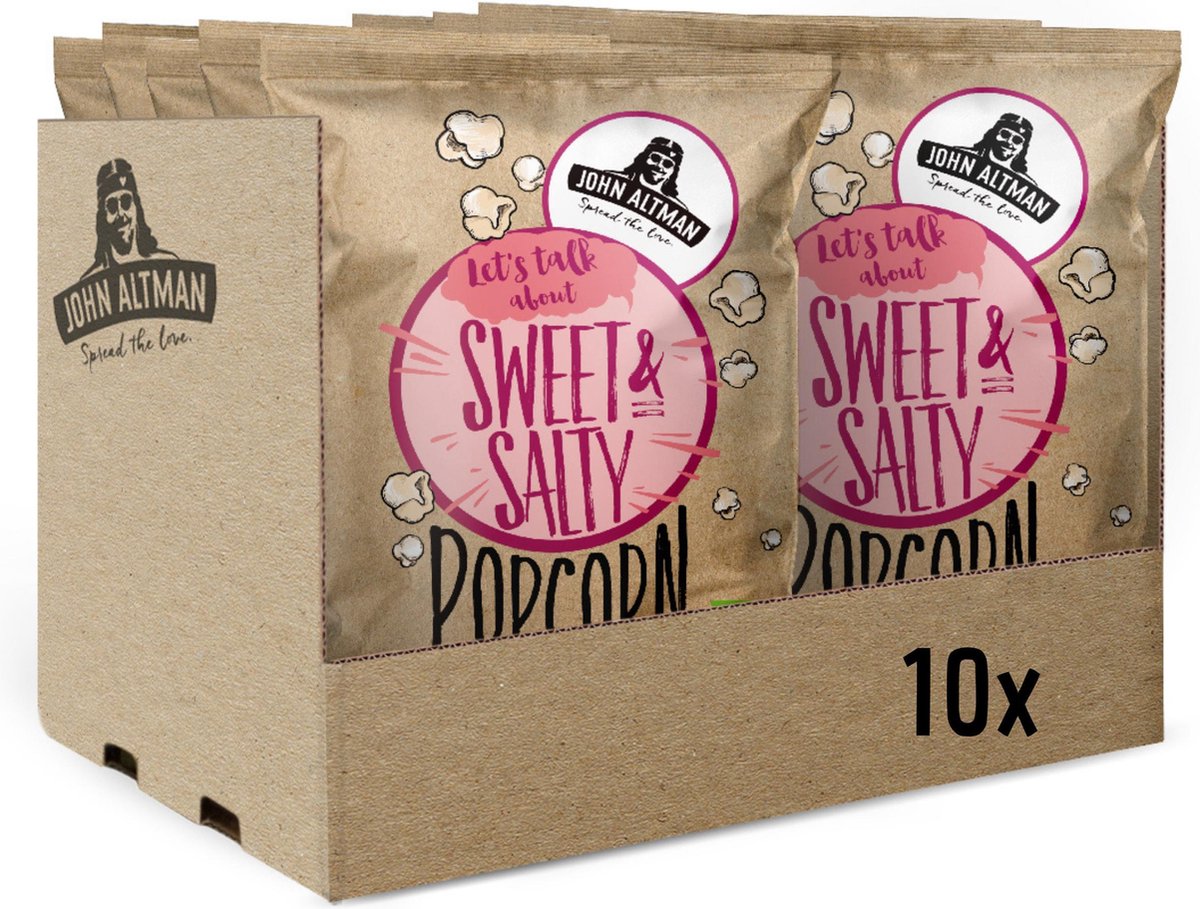 John Altman - 10 zakken biologische popcorn - Sweet & Salty popcorn - Vegan- Glutenvrij - Caloriearm - 100% natuurlijk - snack - tussendoortje met de beste biologische kokosolie -zonder kunstmatige toevoegingen- perfect voor onderweg- 10x 90 gram
