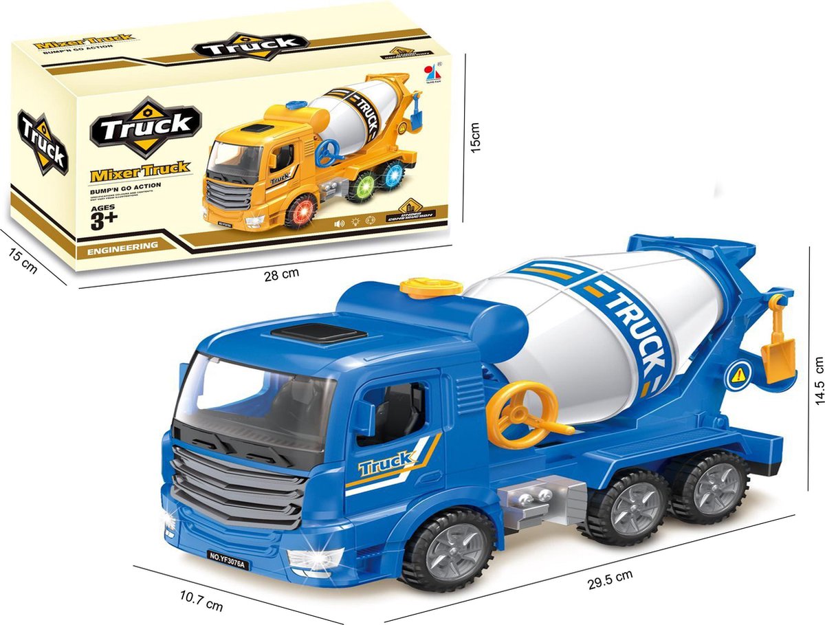 Betonmixer vrachtwagen speelgoed truck- met licht en geluid - deuren op en dicht functie - 29.5CM (inclusief batterijen)