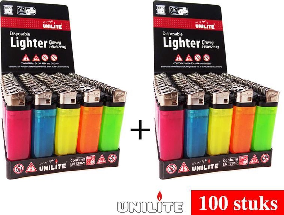 100 STUKS Aanstekers - Origineel merk Unilite - doorzichtig neon kleur wegwerp aanstekers- High Quality Lighters
