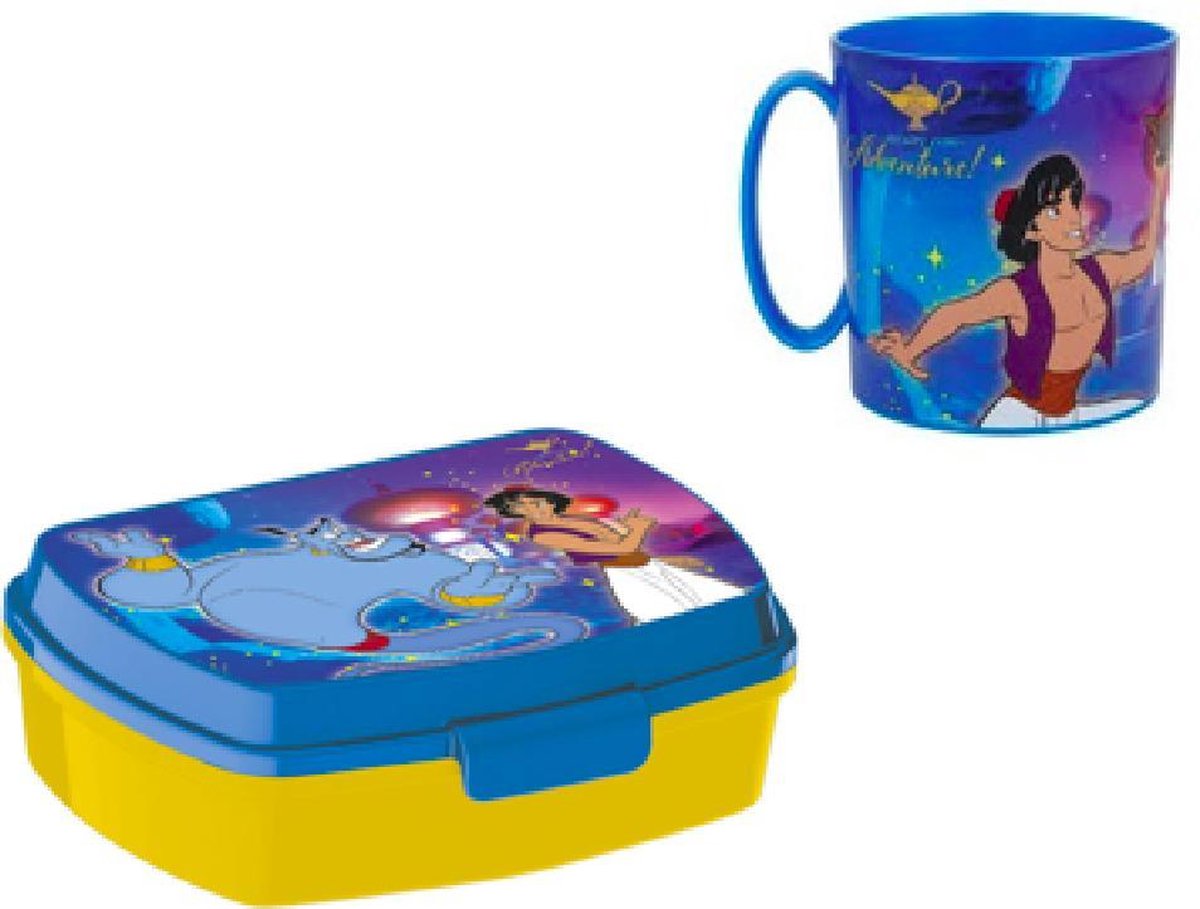 Aladdin brooddoos (17 cm - 13 cm - 6 cm) + drinkbeker (9 cm hoog - 350 ml)