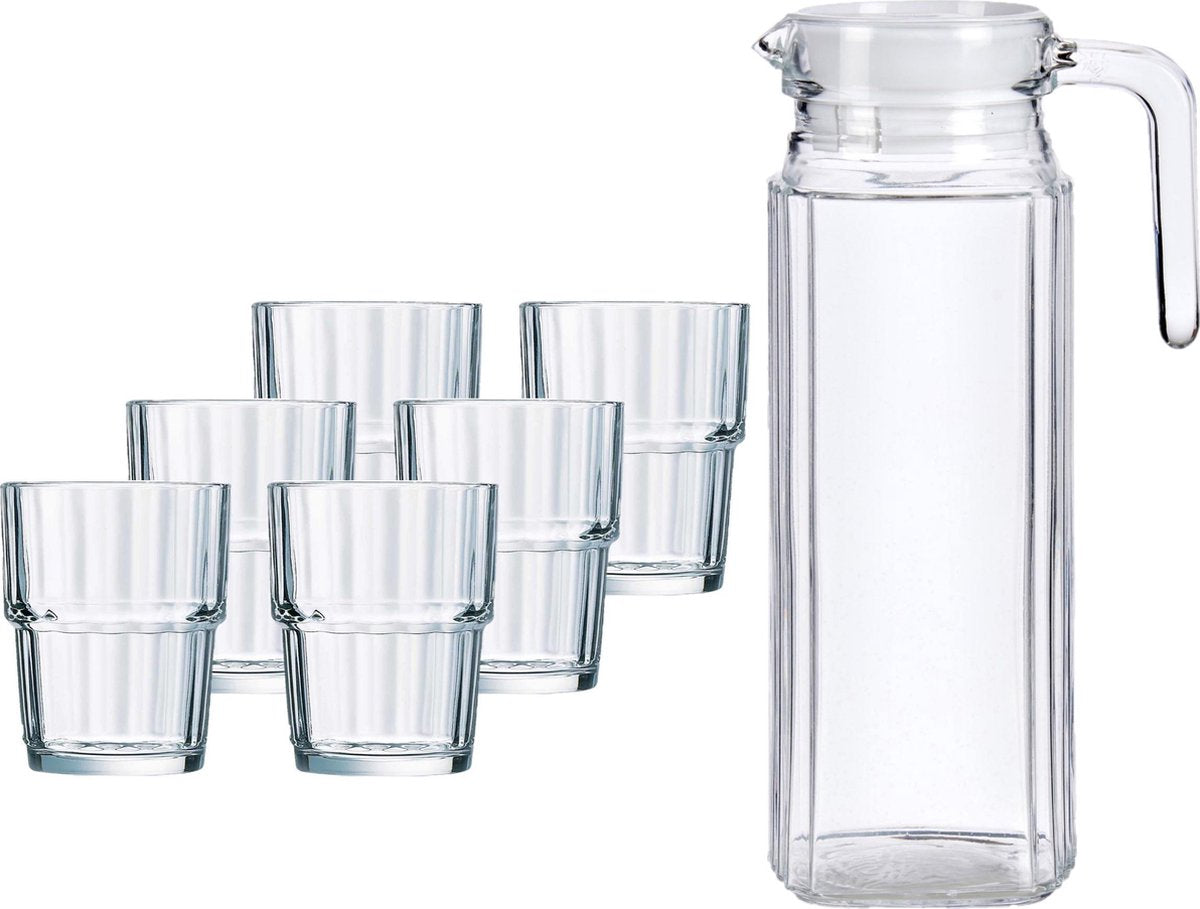 Glazen karaf/schenkkan met deksel van 1 liter met 6x stuks drinkglazen/waterglazen 200 ml