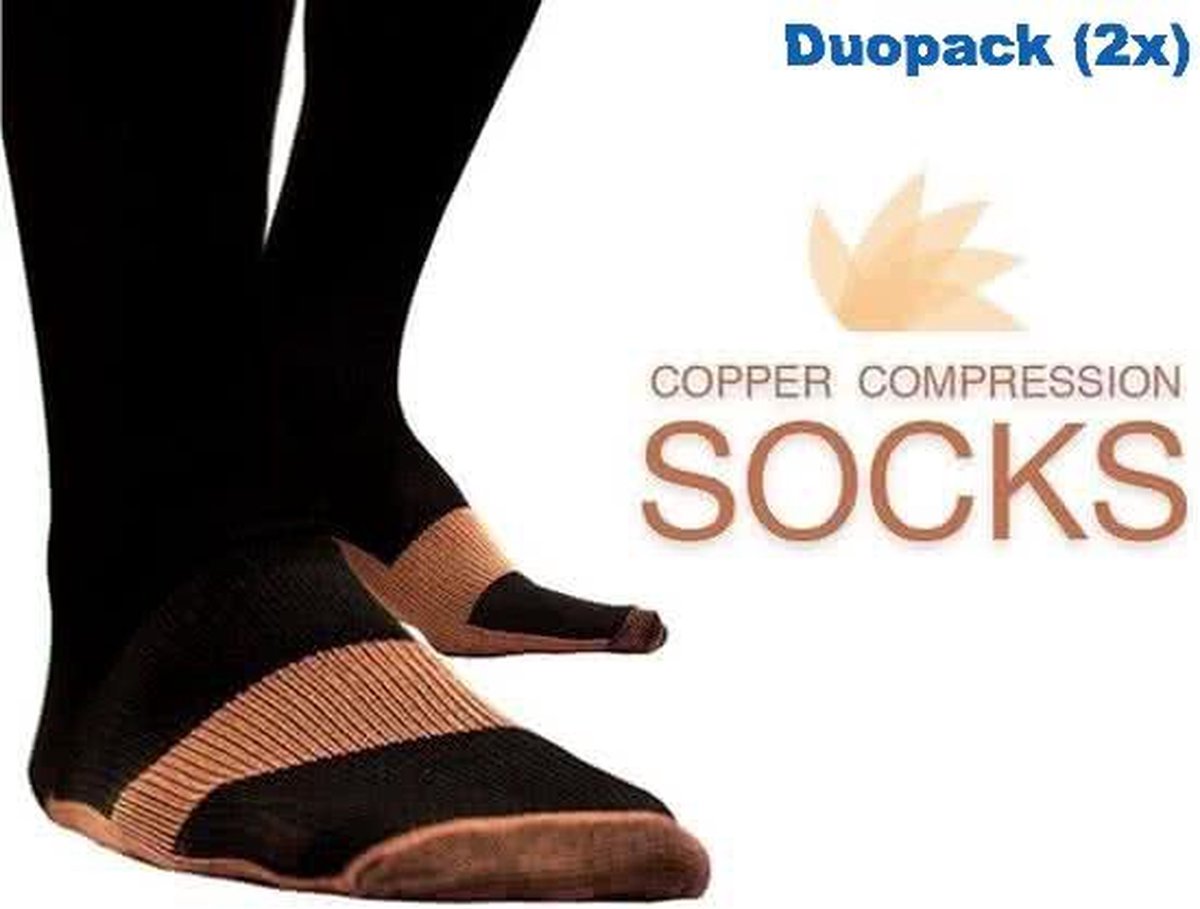 Duopack (2x) compressie sokken zwart koper - Compressie kousen - Vliegtuig sokken - Steunkousen reis - Maat 36-41