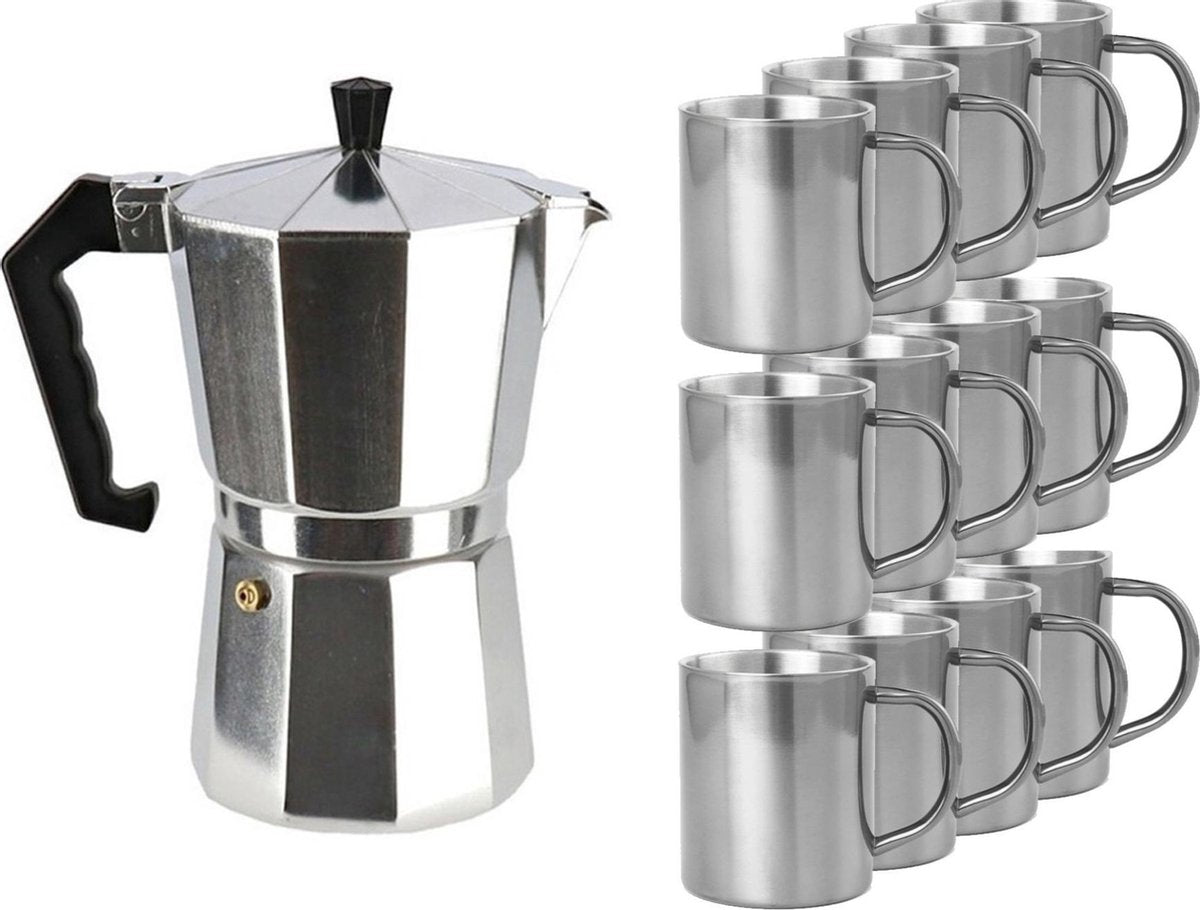 Zilveren percolator/espresso koffie apparaat met 12x RVS kopjes - Koffiezetapparaat met mokken - Koffiepercolator