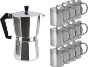Zilveren percolator/espresso koffie apparaat met 12x RVS kopjes - Koffiezetapparaat met mokken - Koffiepercolator