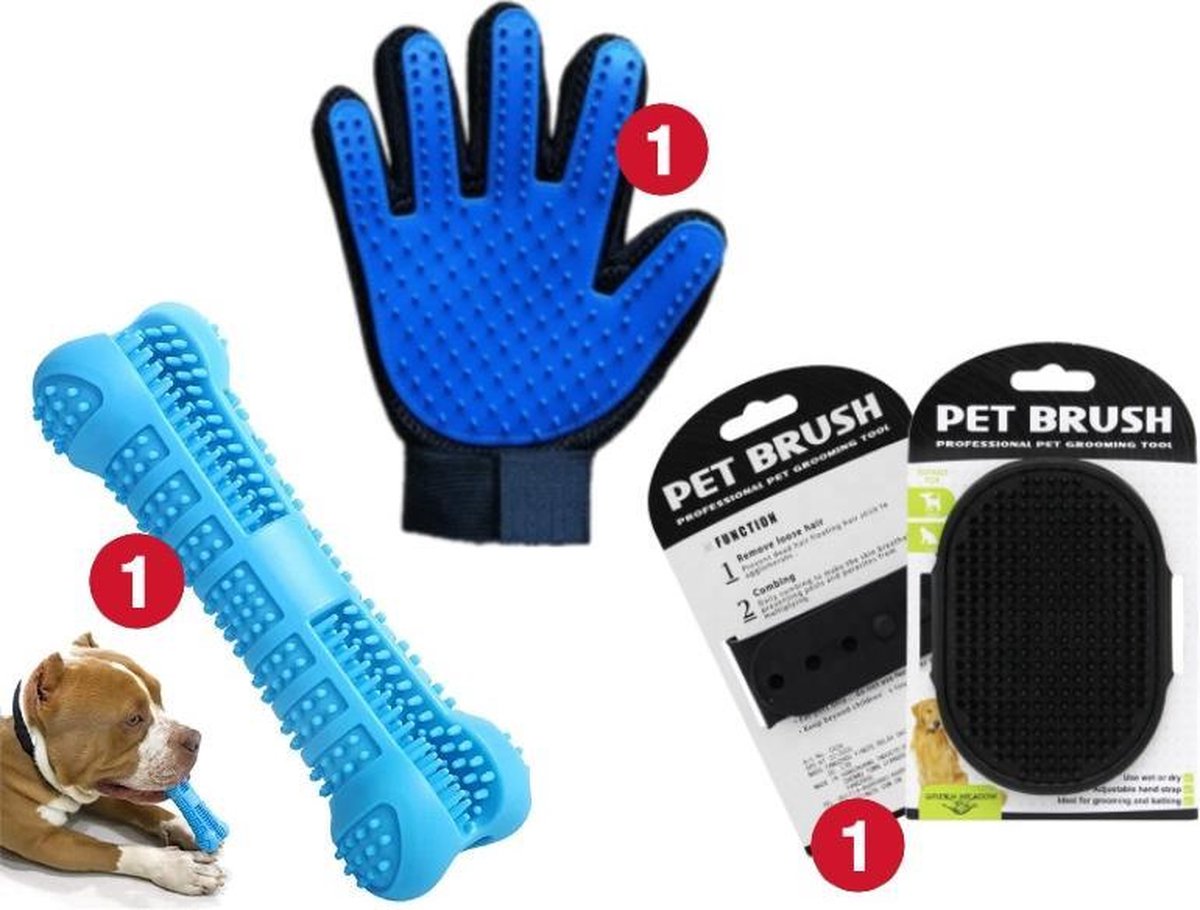 Honden Verzorgingsset - Honden Tandenborstel (Blauw) + Vachtborstel voor Hond (Zwart) + Dierenhaar Handschoen