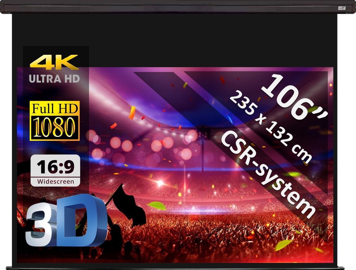 Manueel Projectiescherm - 106" (270cm) - 235 x 132 cm - 16:9 - mét CSR-systeem - beamer scherm - ZWARTE behuizing