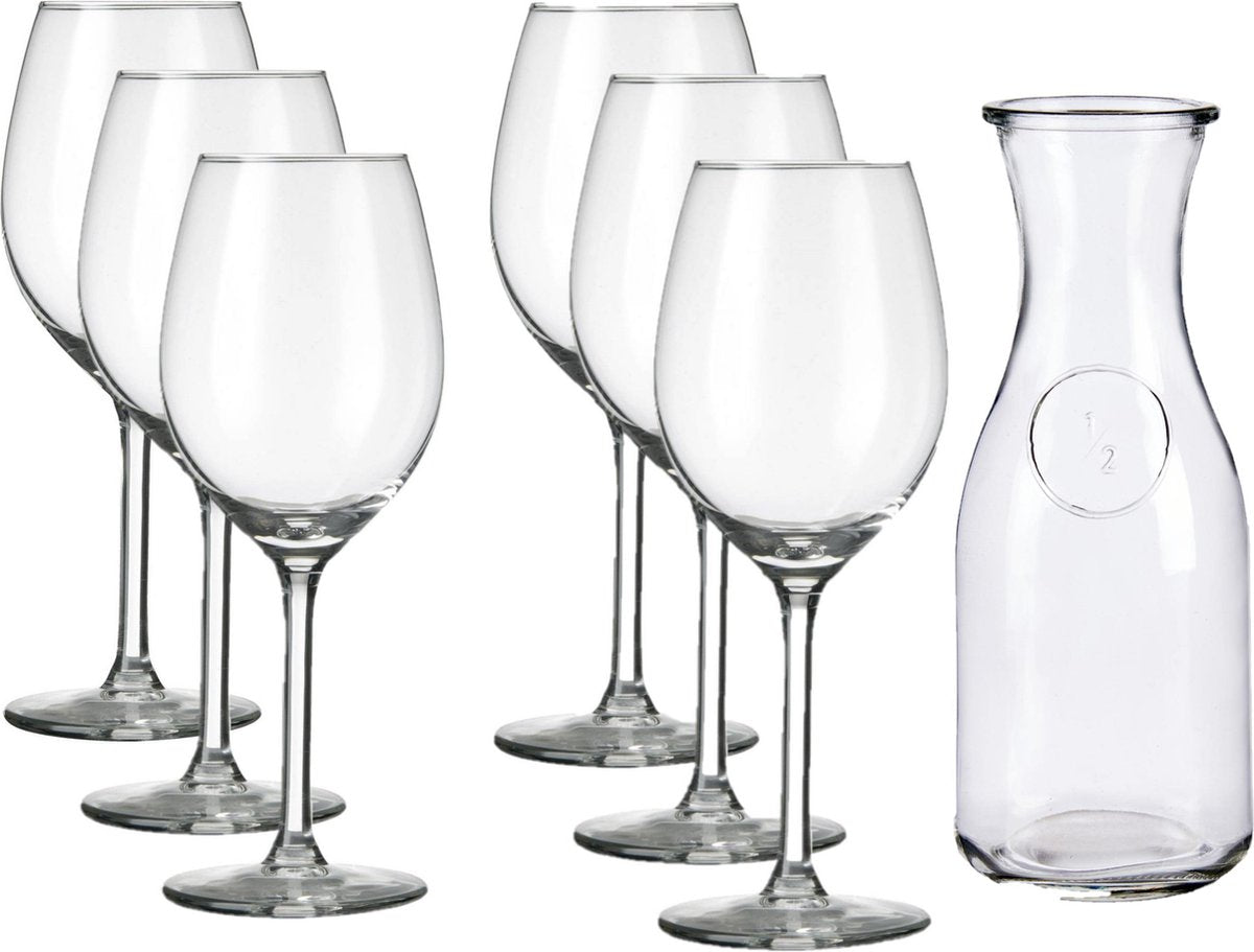Glazen wijn karaf van 500 ml met 6x stuks wijnglazen voor rode wijn 320 ml