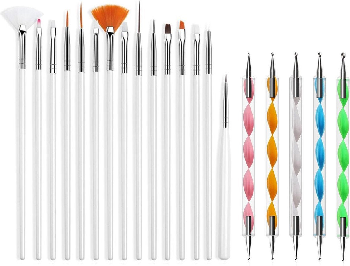 Evvie 20 delige nail art set - 15 nailart penselen en 5 dottingtools - Wit