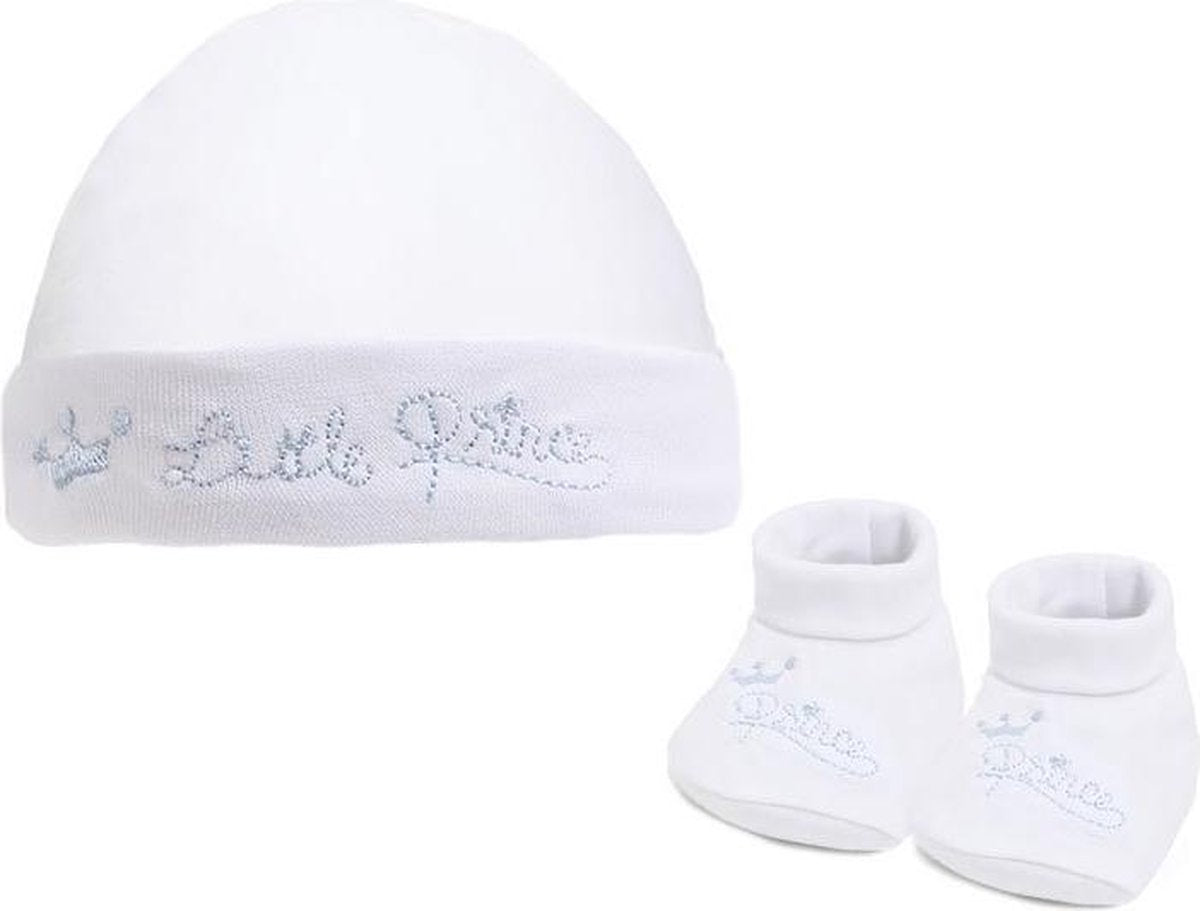 Baby muts met slofjes |Tekst Prince| kleur wit maat 0-3 maanden|Bonnet bébé avec chaussons Text Prince couleur blanc taille 0-3 mois