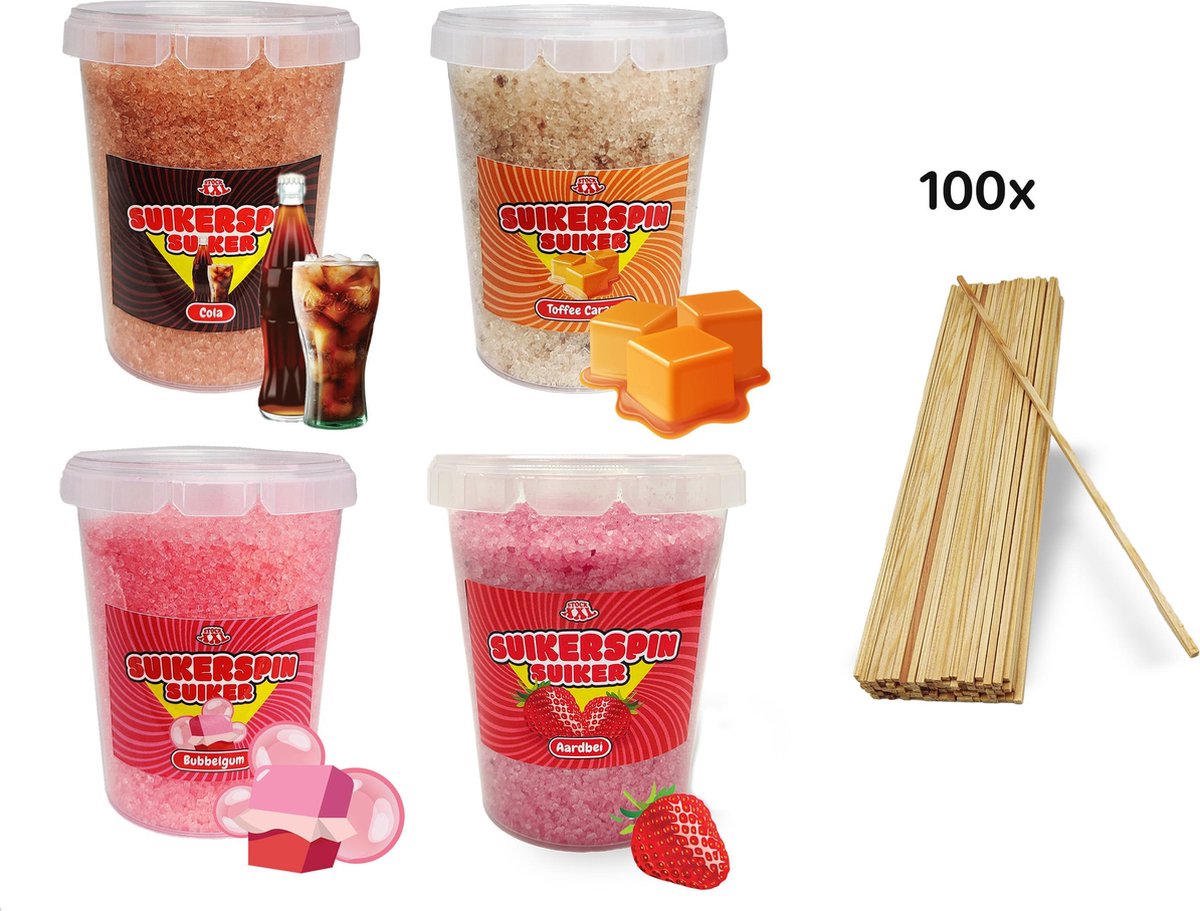 Suikerspin Suiker - Cola - Bubbelgum - Caramel - Aardbei incl. ± 100 suikerspin stokjes - 4 potten x 400 gram