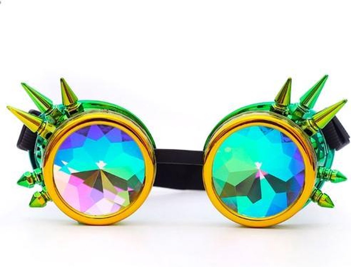 Steampunk bril goggles caleidoscoop - geel groen spikes - natural high