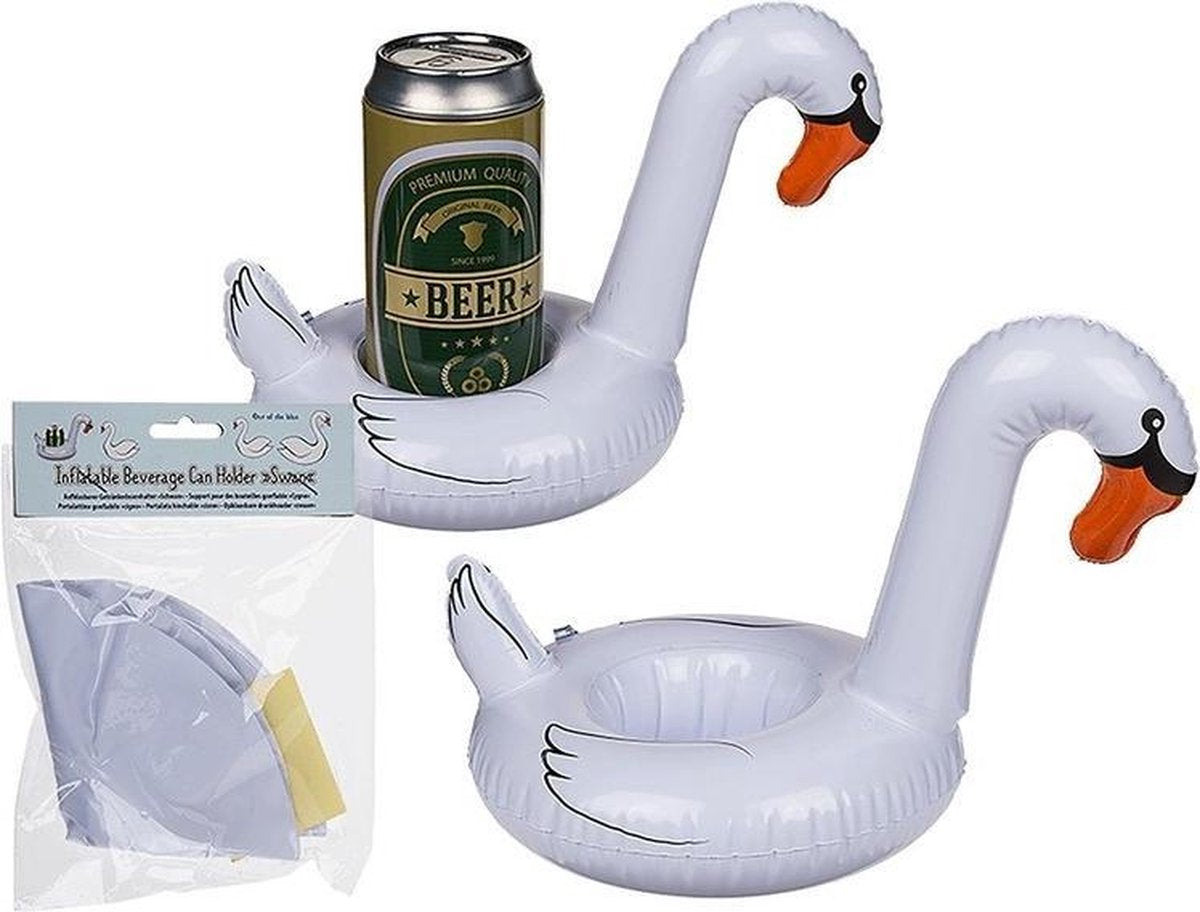 Set van 2x stuks opblaas drankjes/blikjes houders zwaan 18 cm - Opblaasbare mini dieren voor in zwembad