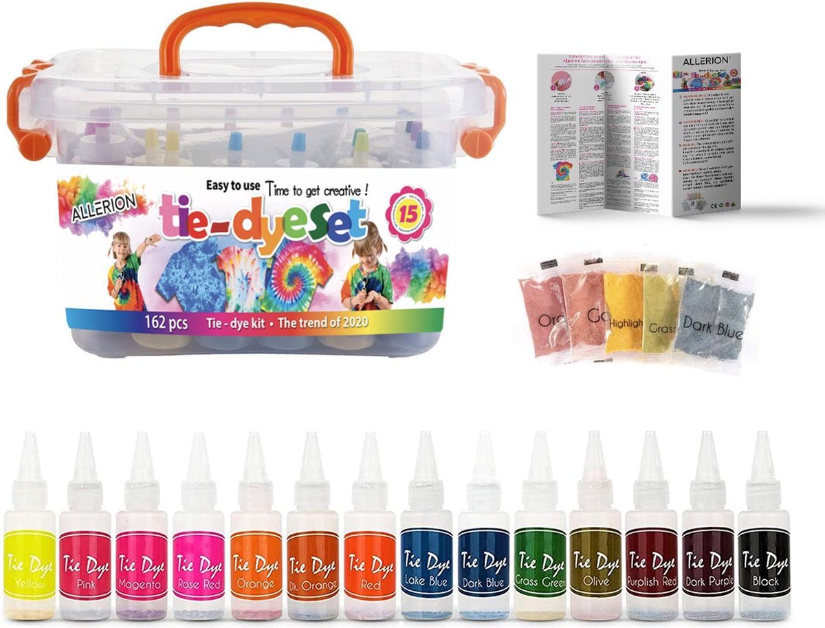 Allerion XXL Tie Dye Kit – Complete Set - 15 Kleuren Verf – Textielverf – Inclusief Uitgebreide Handleiding
