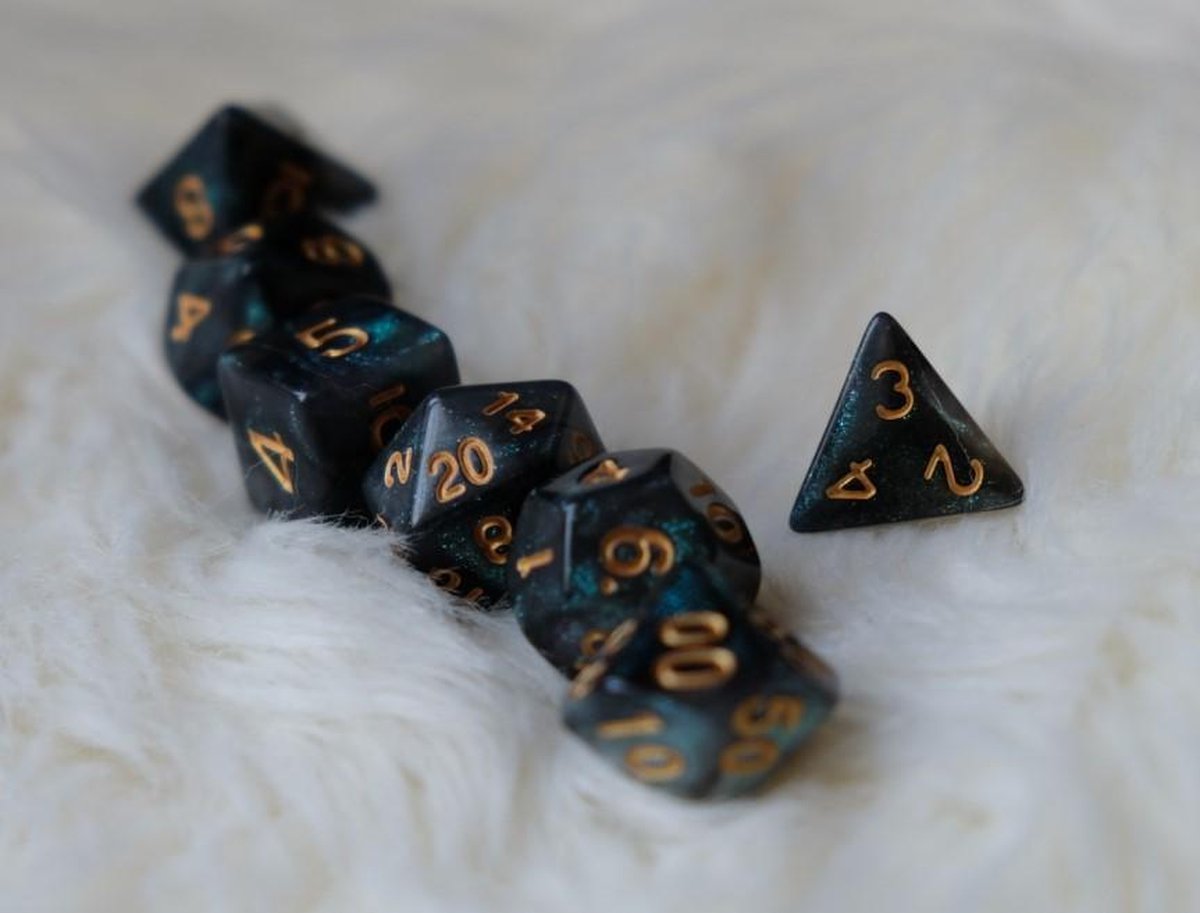 Polyset Dice | Dobbelstenen - Set Van 7 Stuks - Groen Zwart Glitters en Goud| Polydice | Voor D&D en Andere Rollenspellen | Plastic Dobbelstenen Set voor Dungeons and Dragons | Polyhedral Dice Set