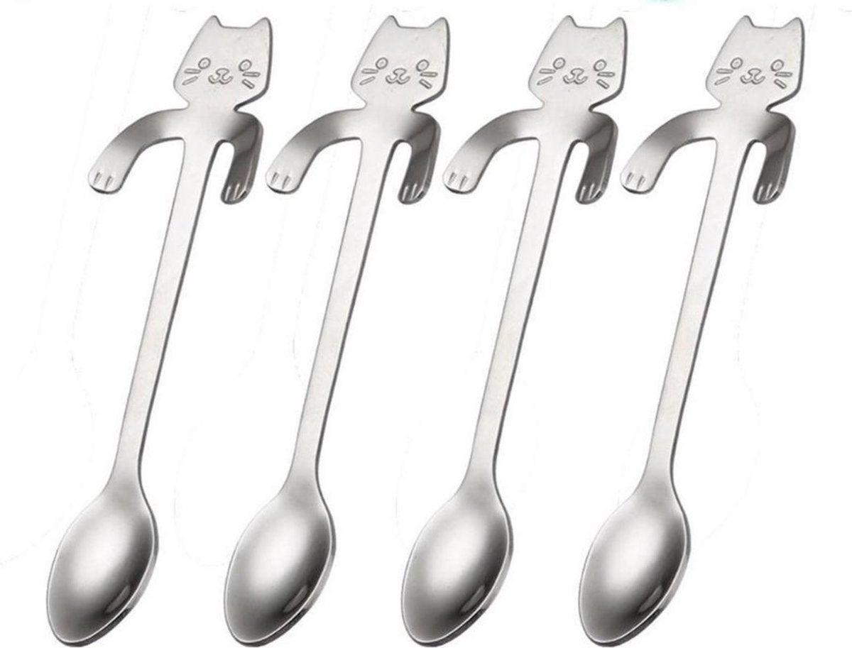 Kattenhebbedingen - Theelepels - koffie lepeltjes - Hangende Kat - 4 stuks - zilver