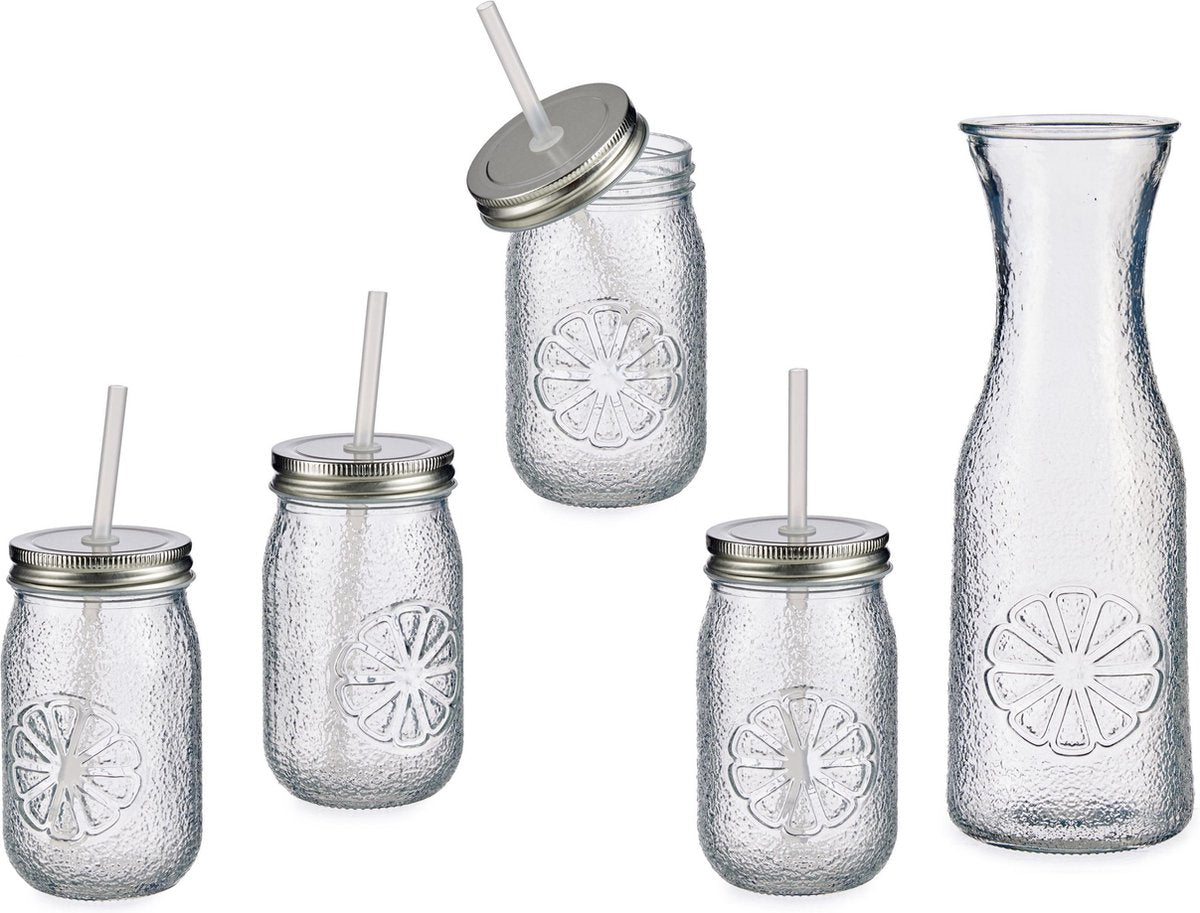 Glazen karaf /schenkkan 1 liter met 4x Mason jars/smoothie drinkglazen met rietje en deksel 400 ml - Compleet geschenk set anti-lek drinkbekers