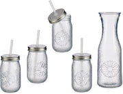 Glazen karaf /schenkkan 1 liter met 4x Mason jars/smoothie drinkglazen met rietje en deksel 400 ml - Compleet geschenk set anti-lek drinkbekers