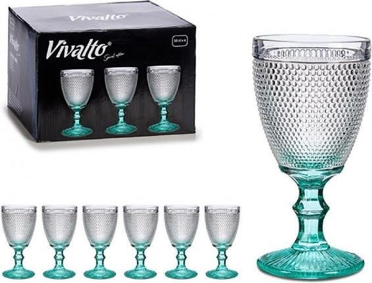 Wijnglazen Vintage - Wijnglas Retro met korte voet - Turquoise - Set van 6