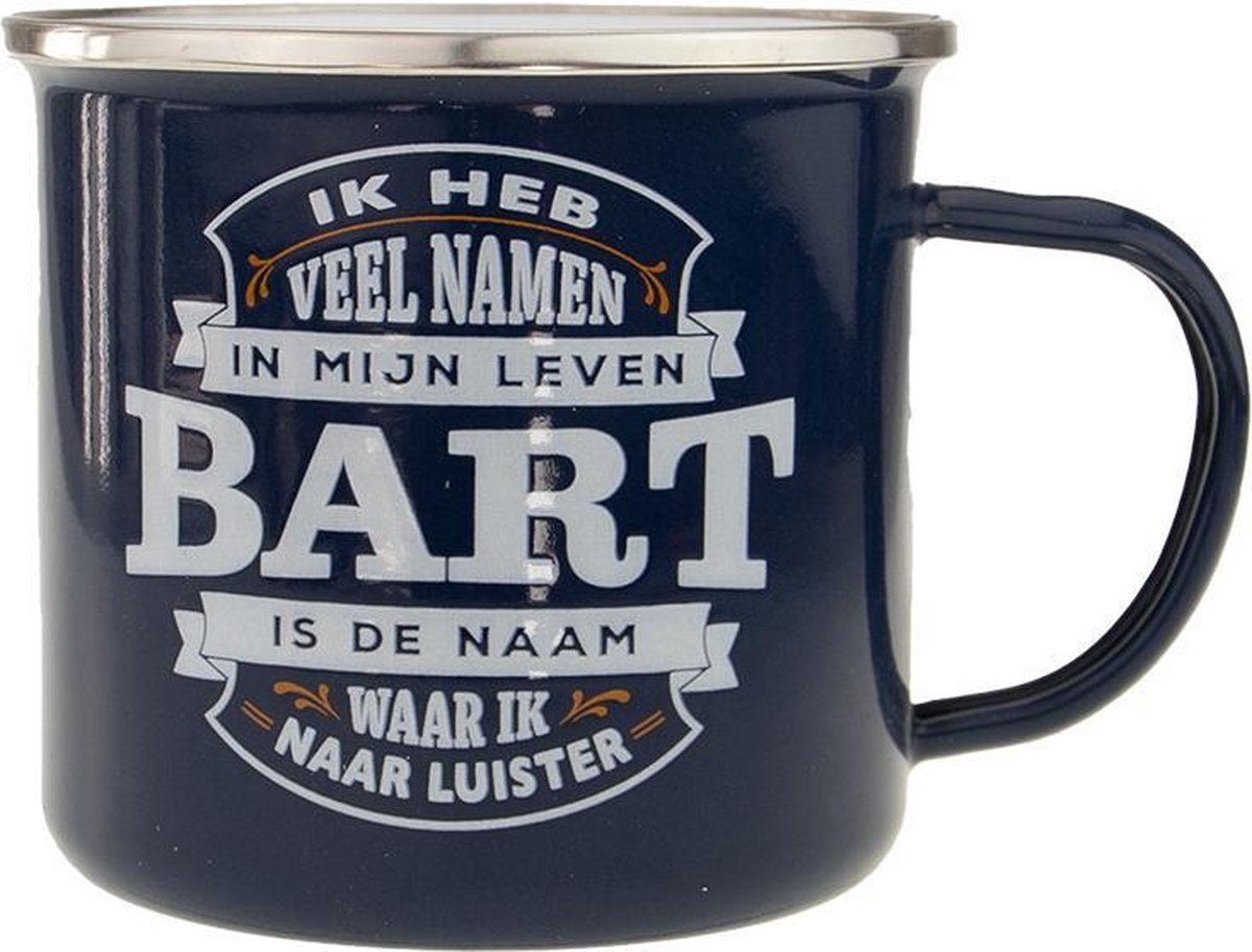Mok - Top vent - Bart - Geëmailleerd - Gevuld met een verpakte toffeemix - In cadeauverpakking