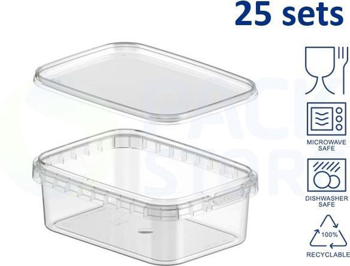25 x Plastic vershoudbakjes met deksel - rechthoekig - 270ml – transparant - geschikt voor diepvries