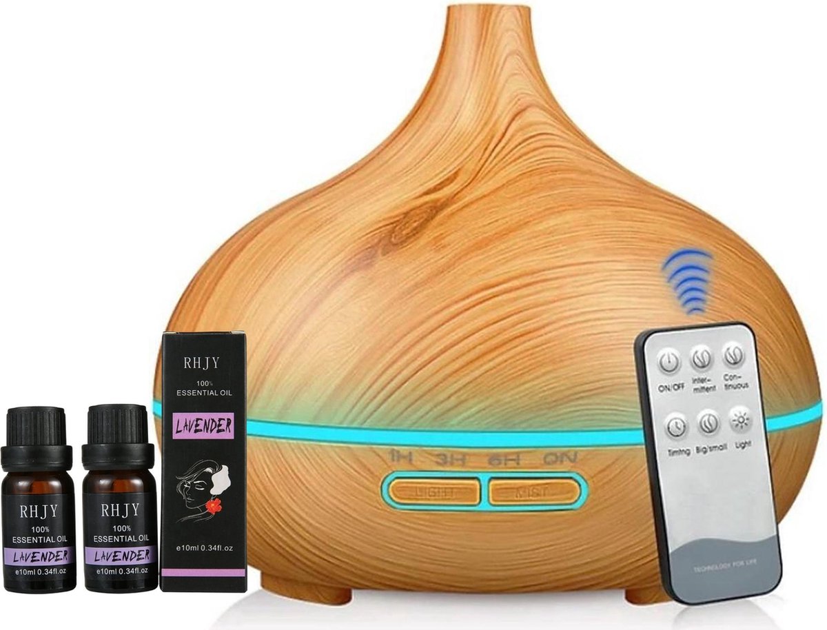 Aroma Diffuser Luchtbevochtiger Humidifier 550ml met Afstandsbediening - Geurverspreider met 2x 100% puur Etherische Lavendel Olie Gratis - Houtskleur - Tensfact®