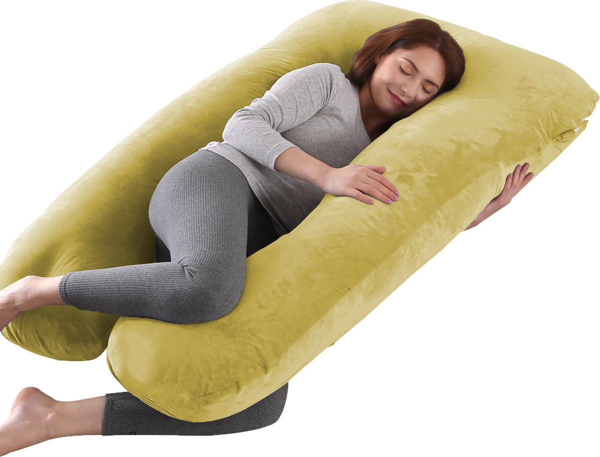 Litollo® Zwangerschapskussen XXL - Voedingskussen - Lichaamskussen - 280cm - Zachte fleece stof - Body pillow - Afneembare hoes - Okergeel