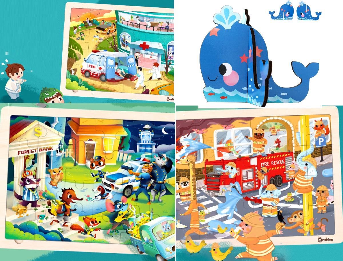 Onshine - 3 verschillende sets 24 stukjes hoge kwaliteit lasergesneden houten puzzel met 3 leuke standaards - Brandweerwagen & Ambulance & Politieauto - kinderpuzzel auto