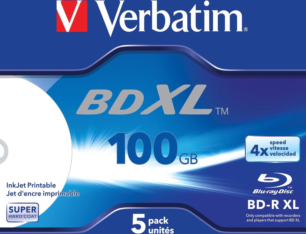 BD-R XL 100GB 4x Wide Inkjet Printable 5 Pack Jewel Case