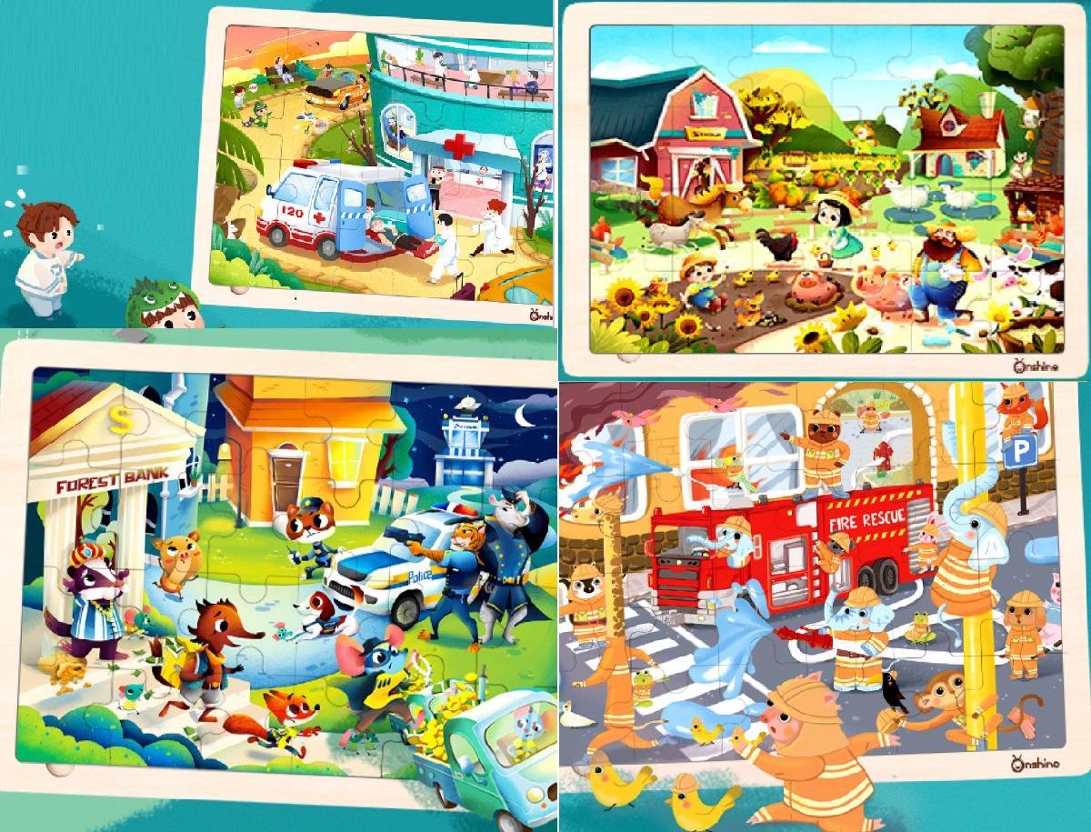 Onshine - 4 verschillende sets 24 stukjes hoge kwaliteit lasergesneden houten puzzel met 4 leuke standaards - Brandweerwagen & Ambulance & Politieauto & Boerderij - kinderpuzzel auto