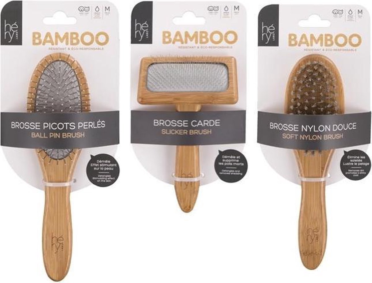 Complete Hery vacht verzorging set met 3 bamboe borstels en gratis vachthandschoen – geschikt voor kat en hond. Milieuvriendelijk.