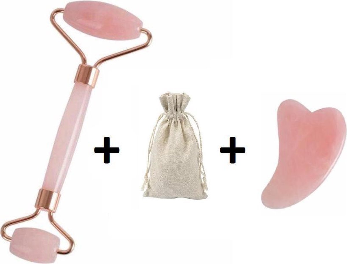 Verbeterde Jade Roller + Gua Sha Schraper + zijdkje - Gezichtsroller - Face Roller - Rose Quartz Roller - Whitee za