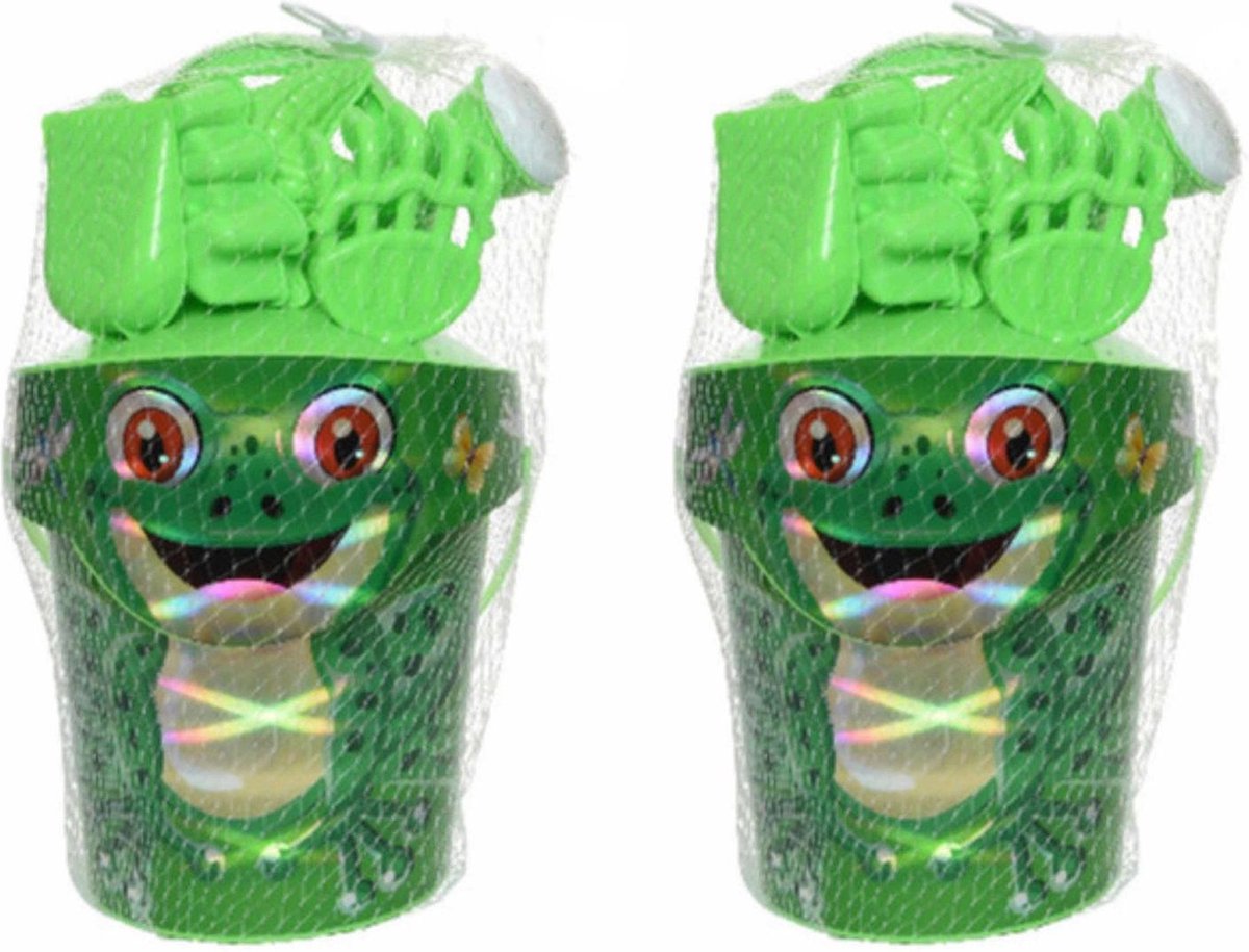 2x stuks strandemmer/zandbak speelset groen voor kinderen 19 cm - incl gieter - schep - hark - zandvormpjes