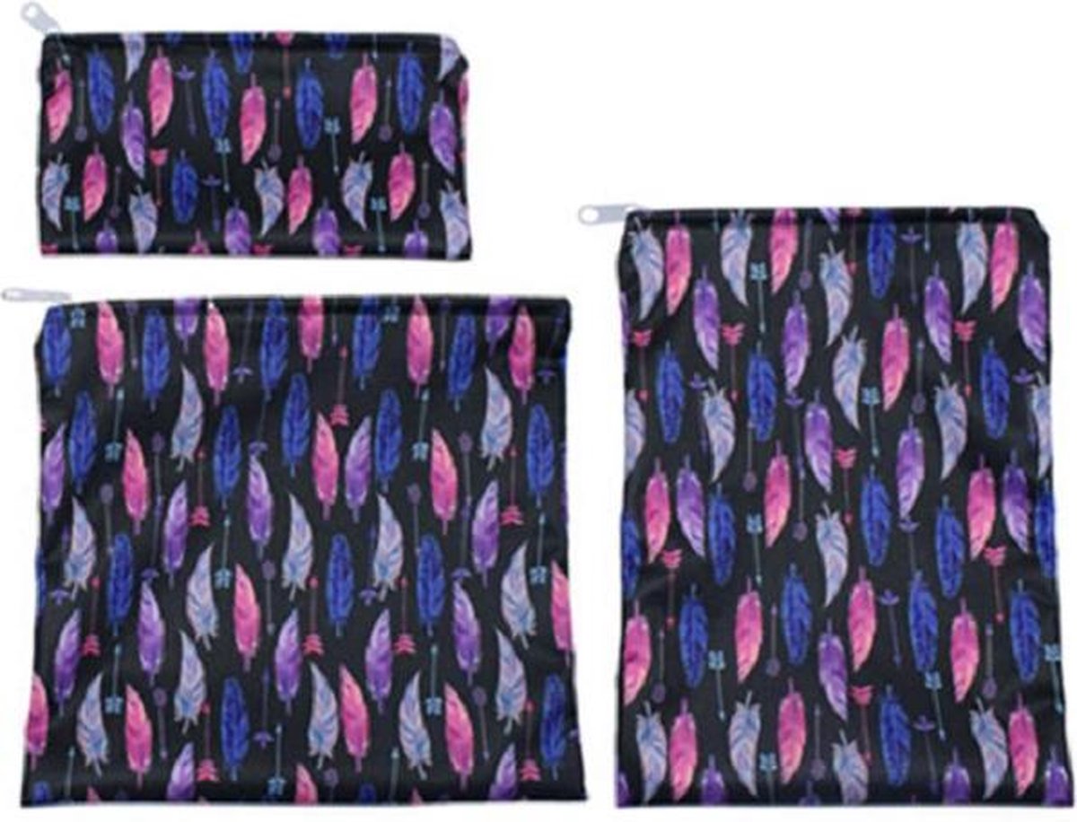 Herbruikbare Boterhamzakjes Veren - Voorzien van rits - Blauw/Paars/Roze - 3 stuks