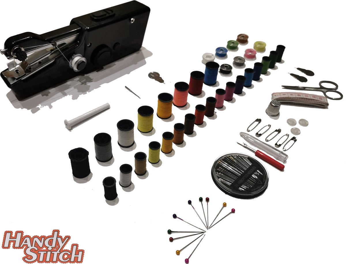 Handy Stitch - PREMIUM Handnaaimachine met 92 Delige Starterskit - Compact - Draadloos - Draagbare reis naaimachine - Incl. 34 Spoelen met garen - Elektrisch of op Batterijen