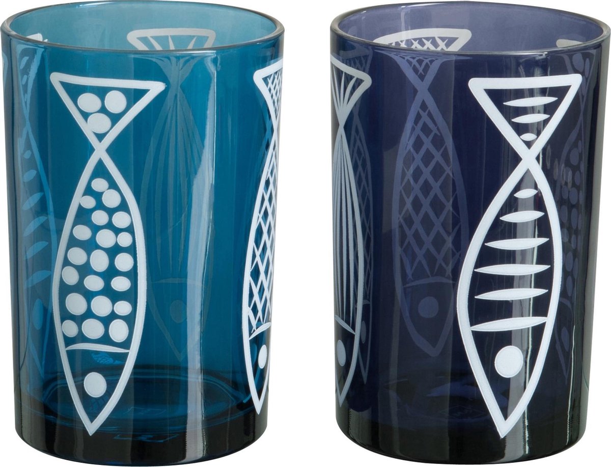 J-Line Windlicht Vis Glas Wit/Blauw Large Assortiment Van 2
