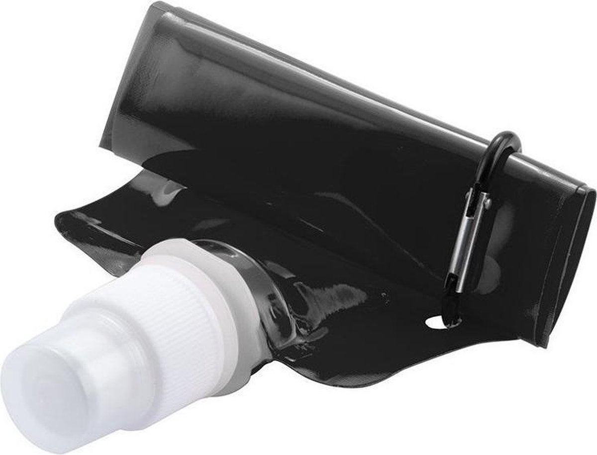 Set van 2x stuks waterzak / drinkfles met karabijnhaak - Zwart - 400 ml - Opvouwbaar - Waterfles herbruikbaar met haak - Herbruikbare opvouwbare waterzakken - Festival Gadget