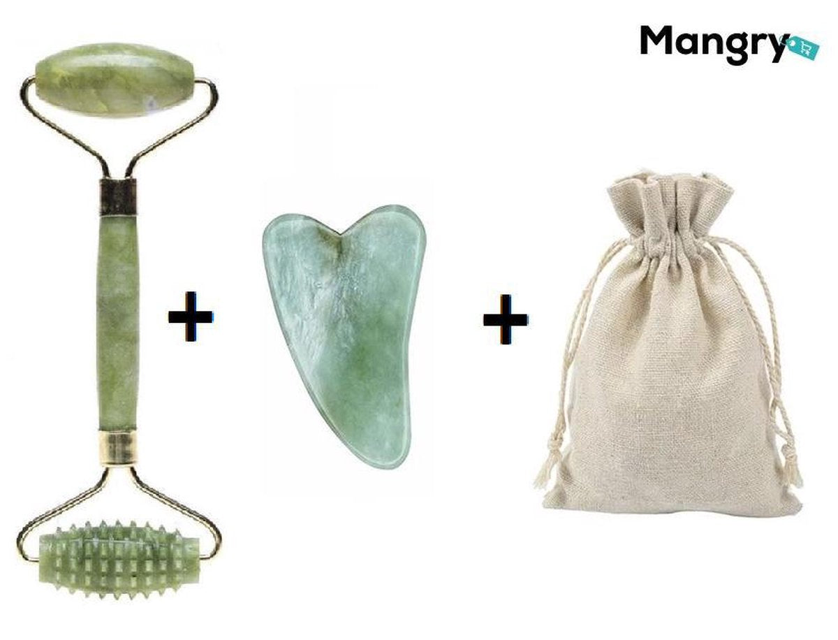 BEAUTY SET DELUXE -Jade Roller Gezichtsmassage | Luxe Gezichtsroller | Anti Rimpel Gezichtsroller | Anti donkere kringen | Anti rimpels | Gezichtsmassage | Afvalstoffen reiniger | Jade Roller |100% Natuurlijke Jade steen- Mangry