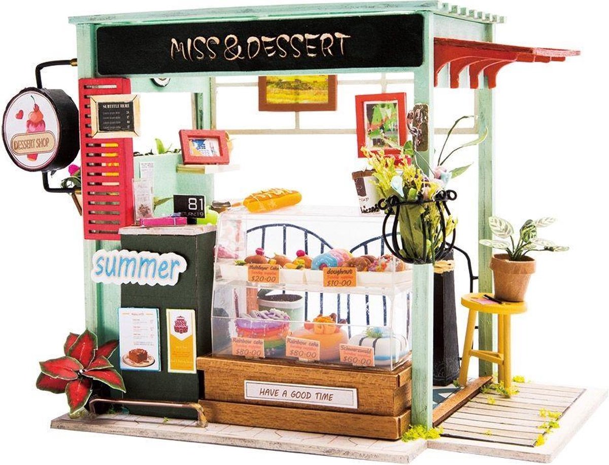Robotime Ijs Kraam DGM06 - Houten Modelbouw - Miniatuur Bouwpakket Mini Poppenhuis met LED licht - DIY